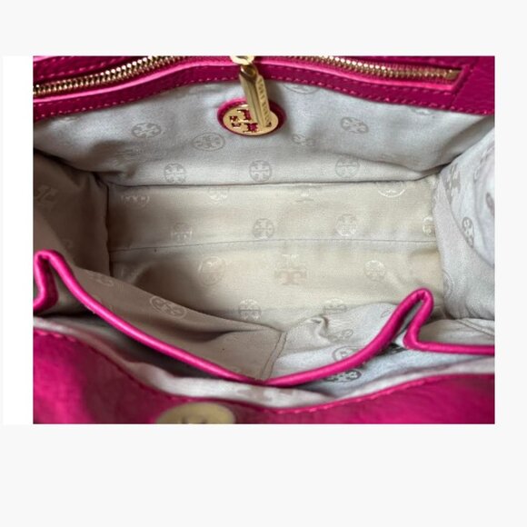 Tory Burch Ella Small Leather and Canvas Logo Embossed Tote in Magenta EUC - Picture 8 of 12